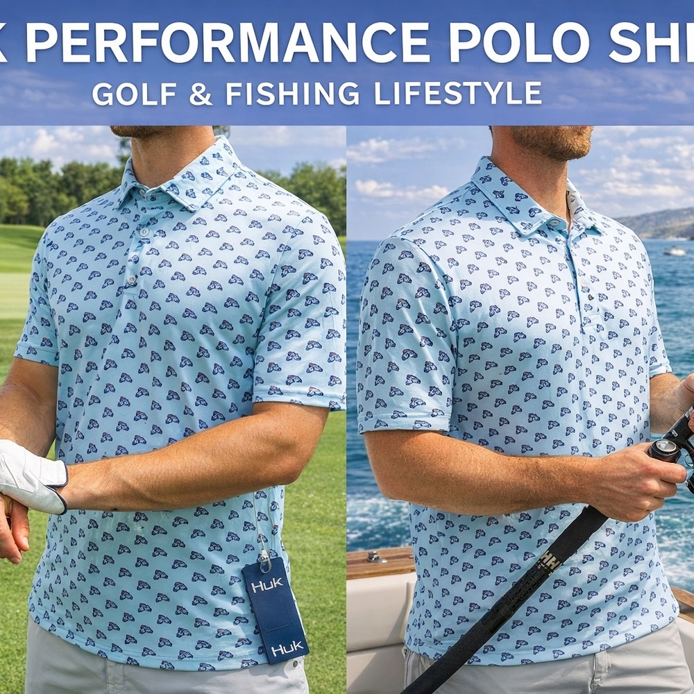 Huk Men’s Light Blue Polo with Navy Fish Print